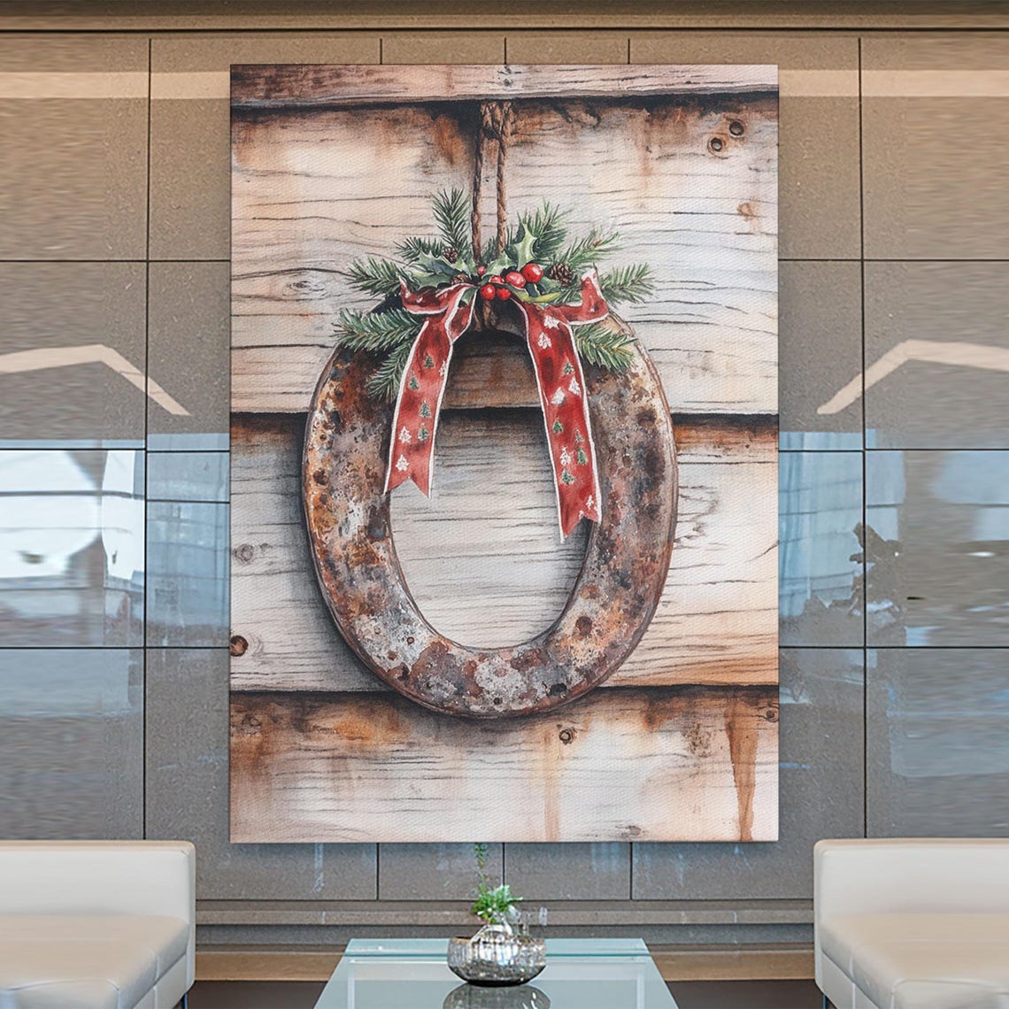 Christmas Horseshoe Rustic Wood Pine Bow Holiday Watercolor Wall Art