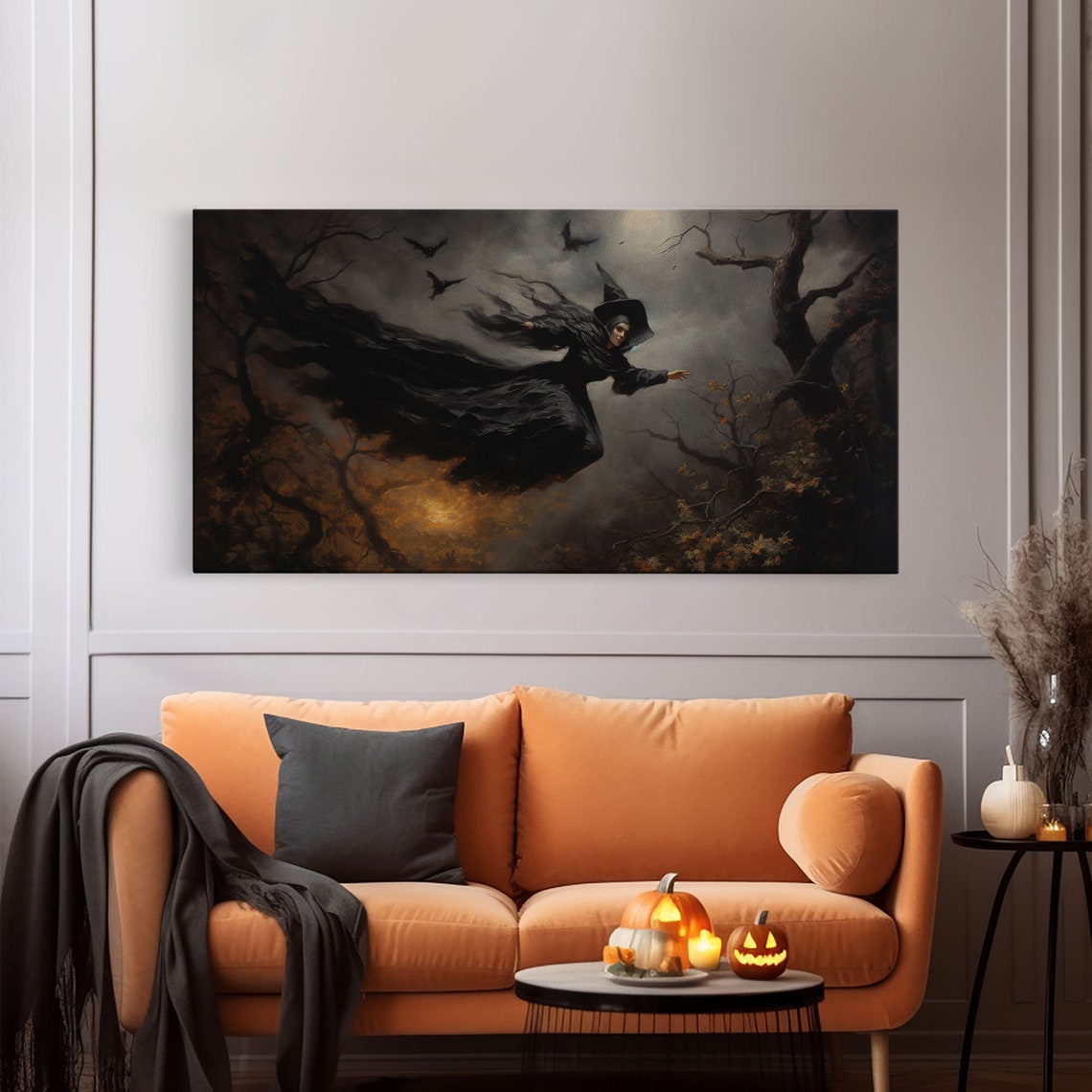 Witch Flying On Broom Over Misty Forest Full Moon Halloween Poster - Image 5