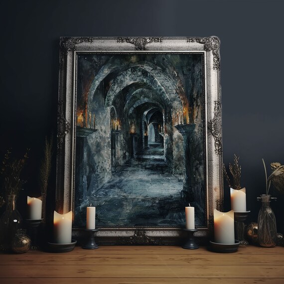 Dark Gothic Hallway With Candle Torches Haunted Corridor Art Poster