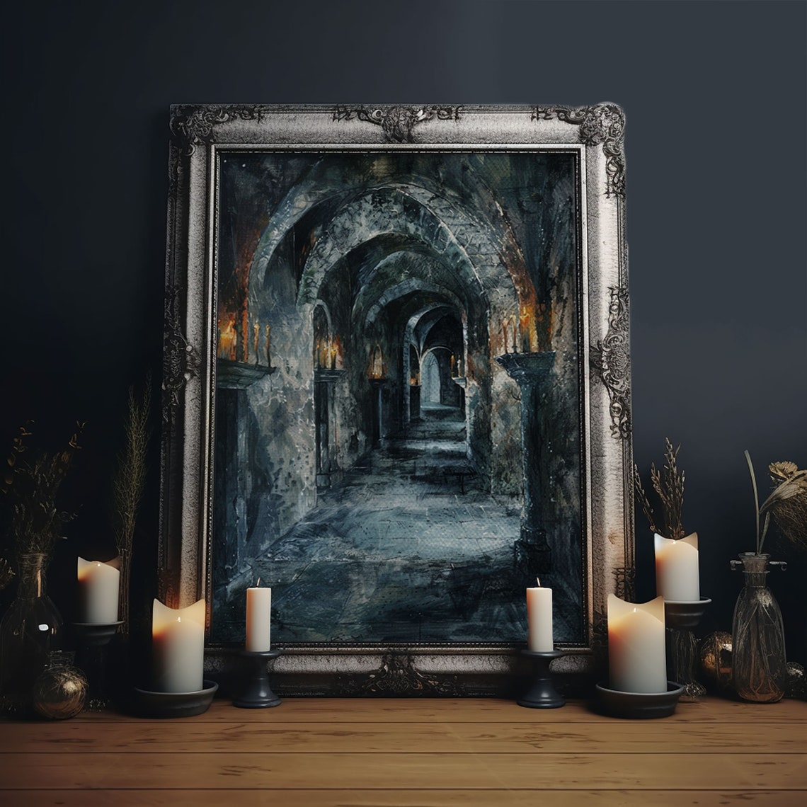 Dark Gothic Hallway With Candle Torches Haunted Corridor Art Poster