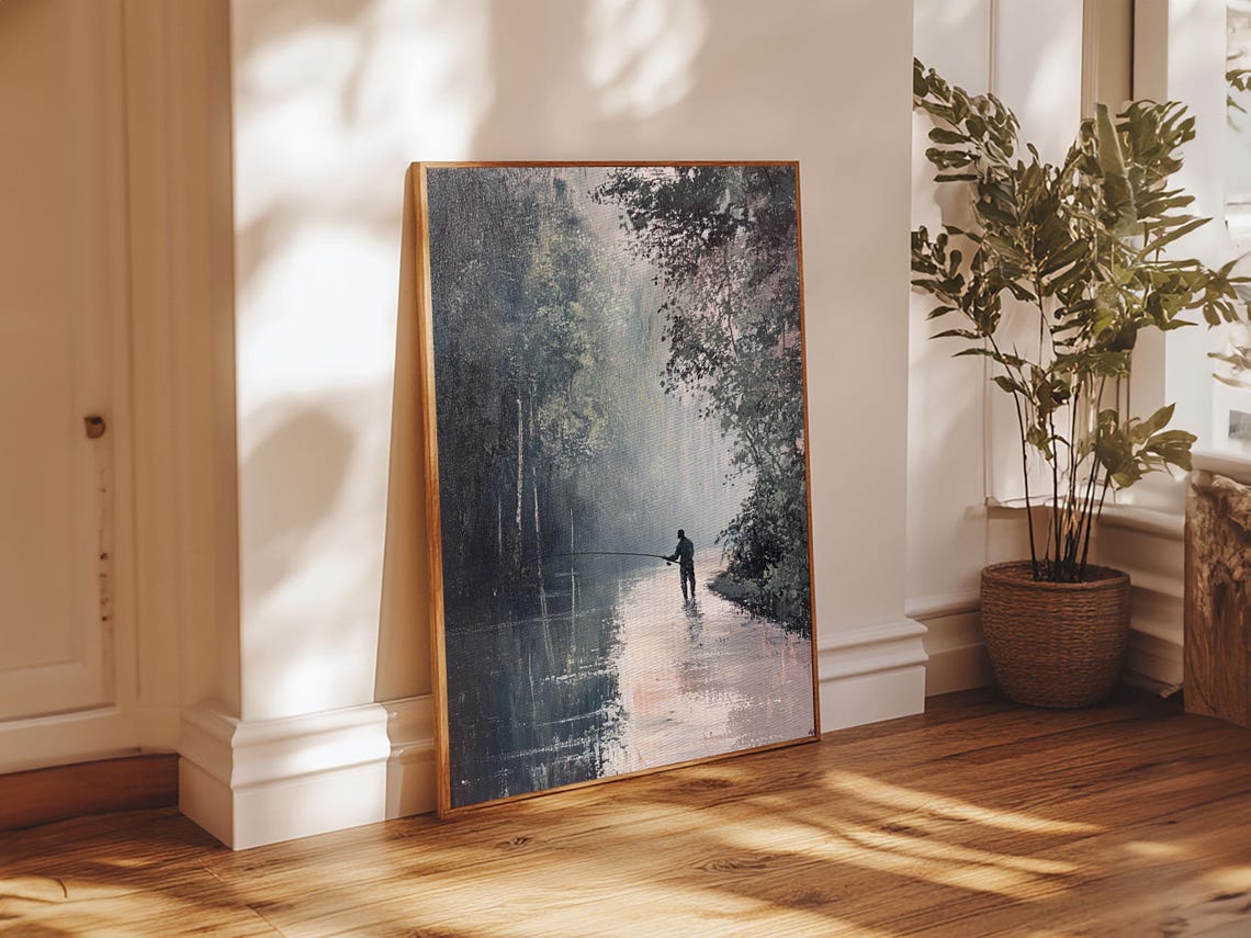 Fly Fisherman Silhouette On Misty Forest River Painting Wall Art - Image 6