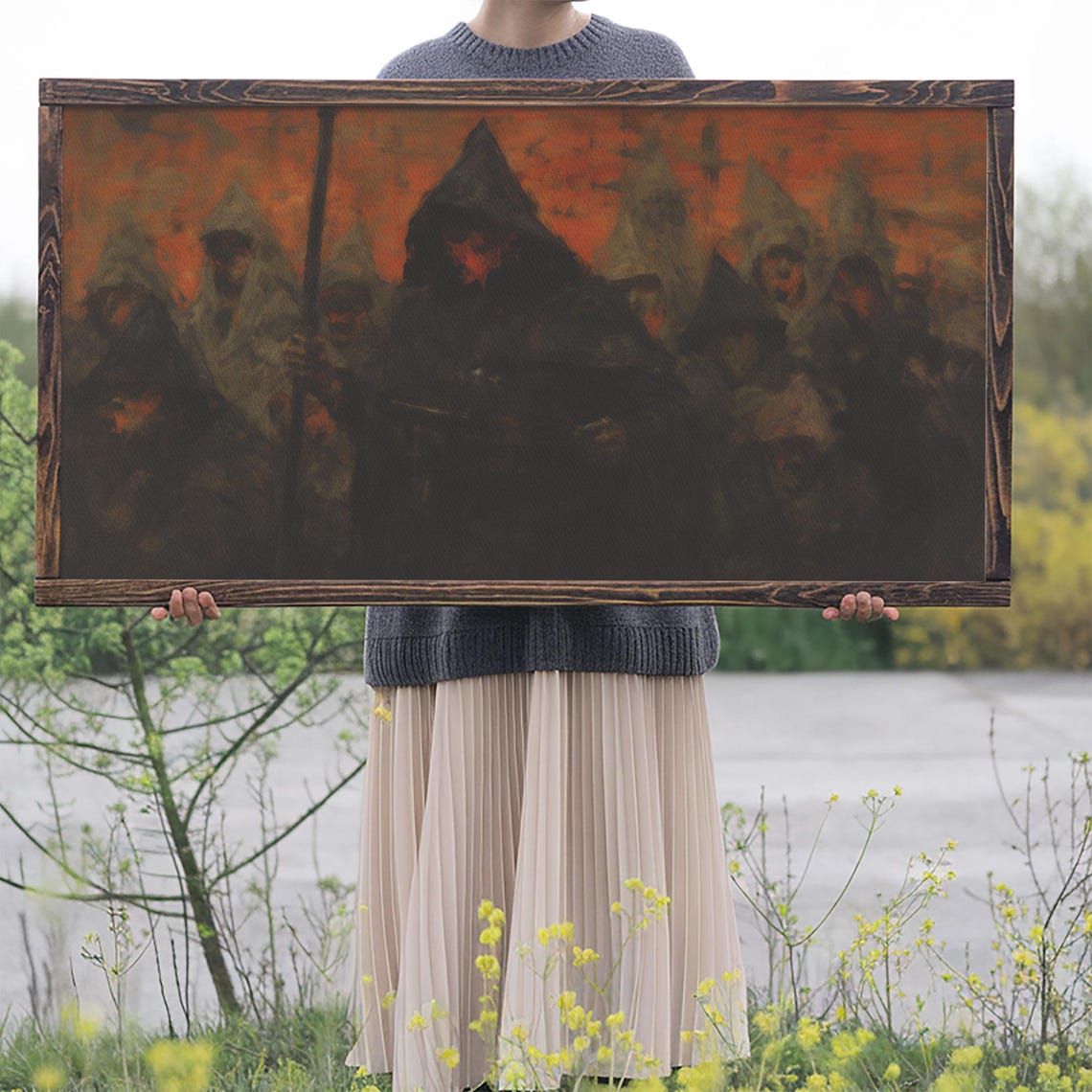 Hooded Cult Gathering Ritual Orange Night Sky Dark Horror Art Poster - Image 2