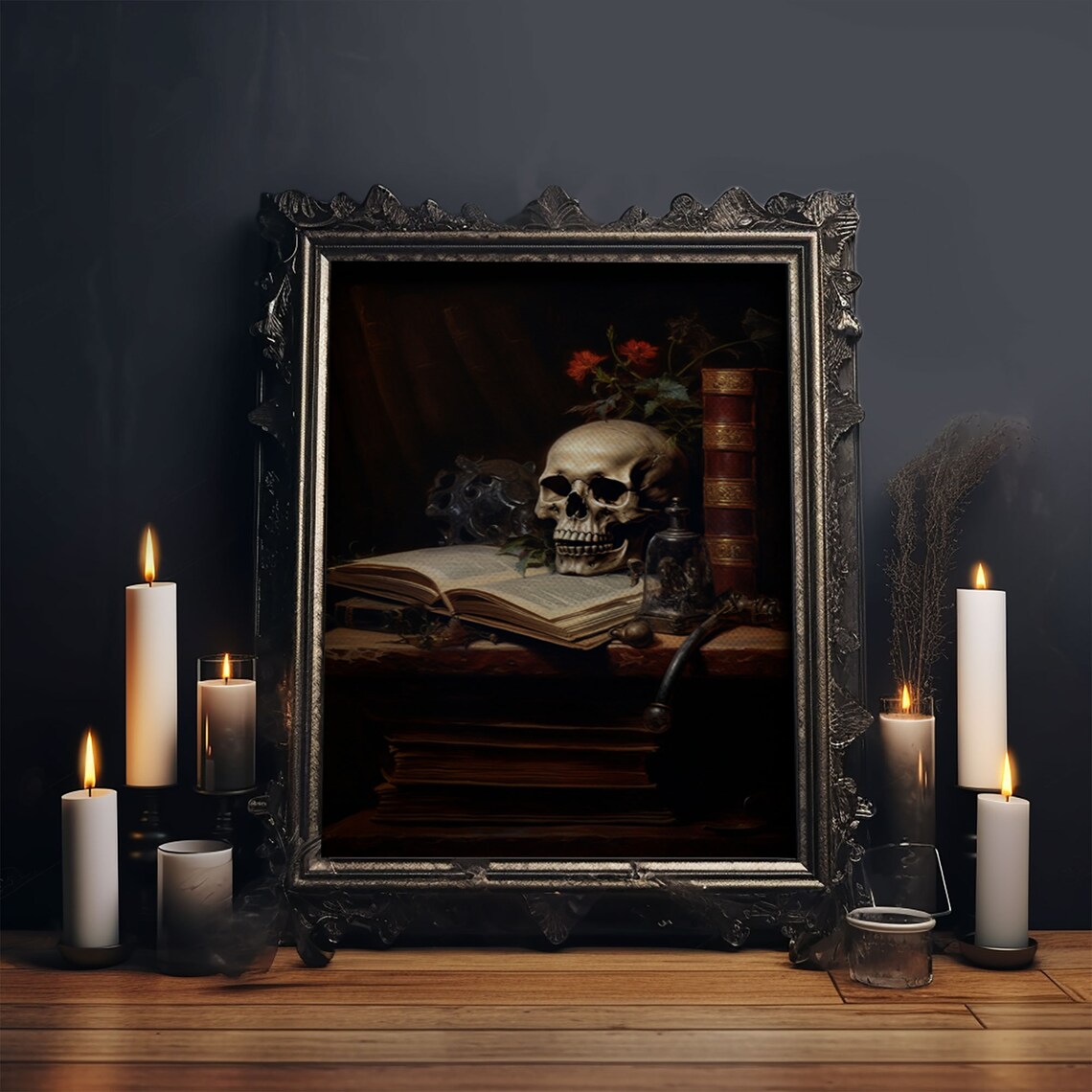 Victorian Bookshelf With Skull, Vintage Gothic Art Print - Image 5