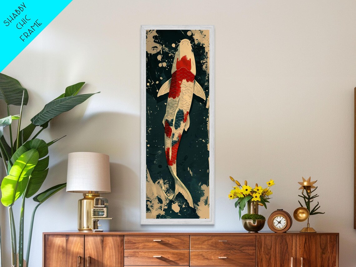 Serene Koi Fish Swimming In Deep Blue Water With Red Accents On Tall Vertical Japanese Inspired Print - Image 3