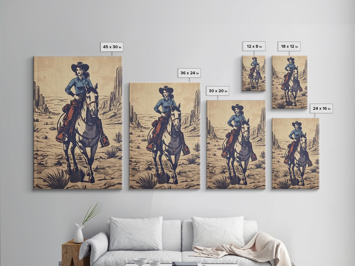 Vintage Cowgirl On White Horse Desert Trail Monochrome Western Print - Image 2
