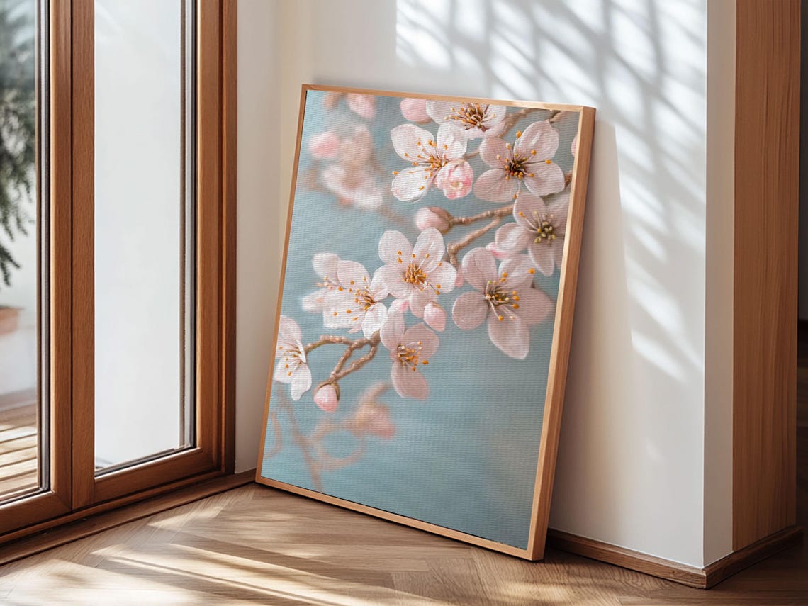 Delicate Cherry Blossom Branch Soft Blue Spring Floral Wall Art Poster