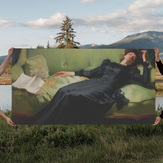 Victorian Woman Reclining On Green Sofa Classic Vintage Painting Wall Poster