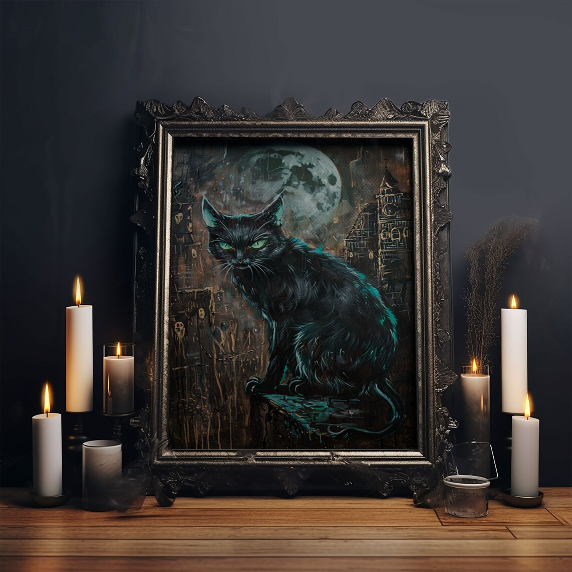 Black Cat With Green Eyes Halloween Gothic Art Print - Image 6