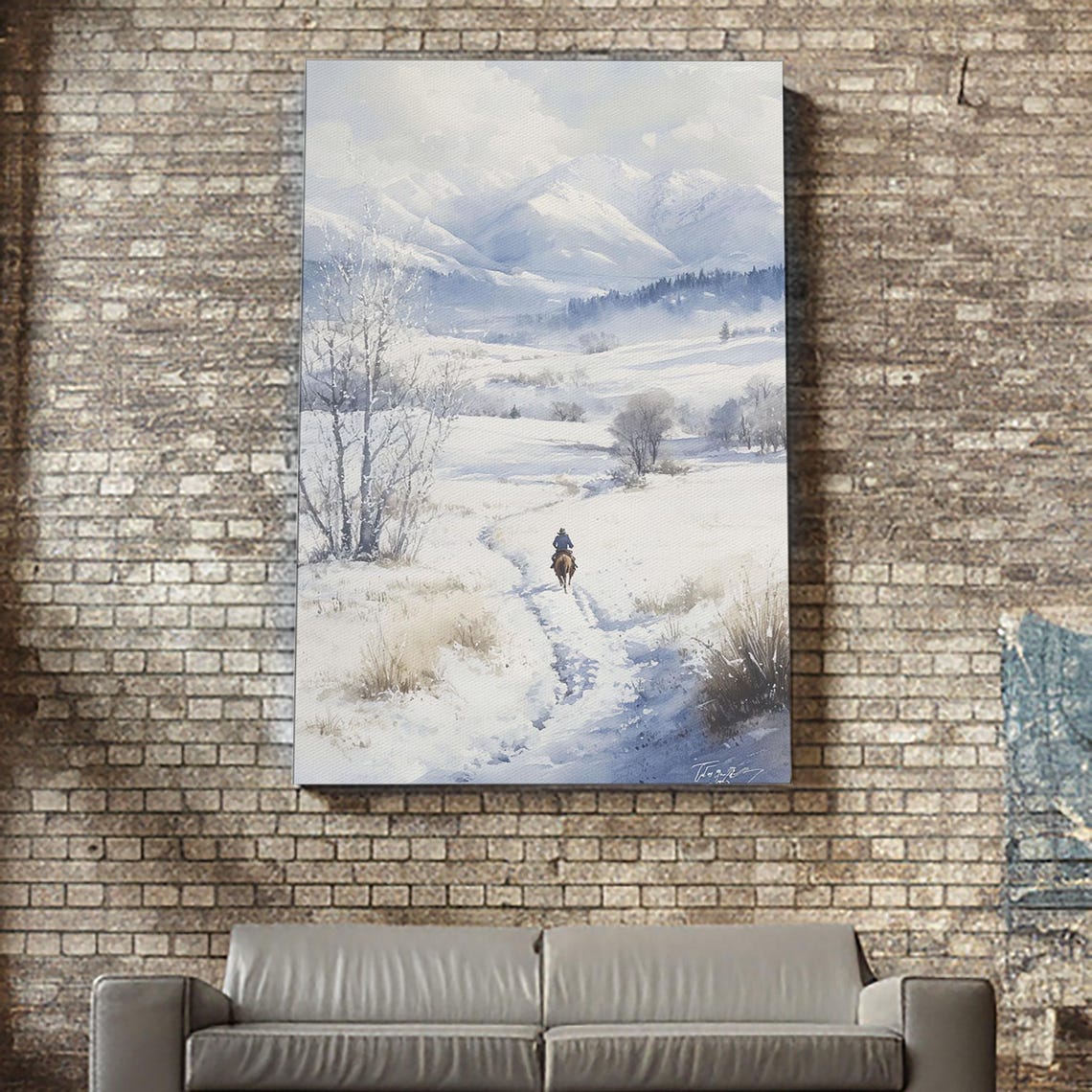 Western Rider In Snow Horseback Mountain Winter Watercolor Wall Art - Image 4