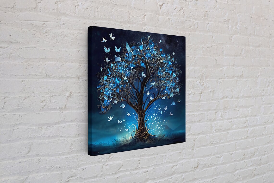 Glowing Blue Butterflies In A Fantasy Tree, Art Print - Image 4