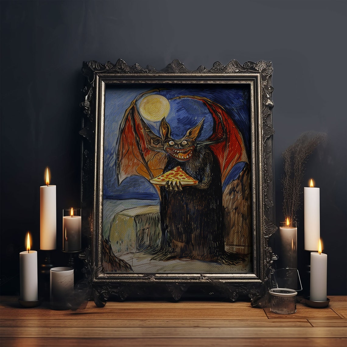 Vampire Bat Pizza Full Moon Starry Night Funny Whimsical Art Poster - Image 5