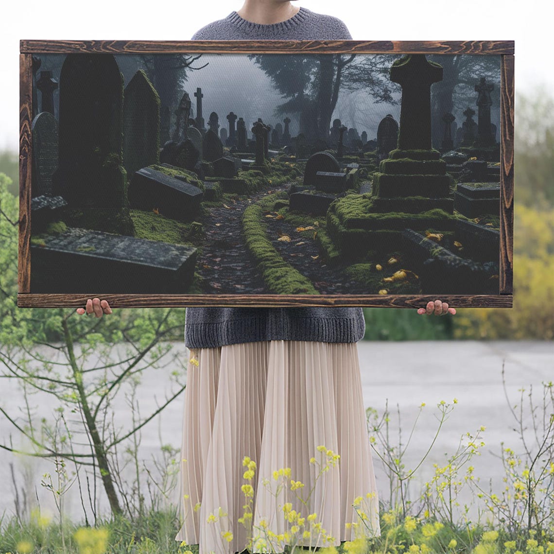 Moss Covered Haunted Graveyard Foggy Night Halloween Art Poster - Image 2