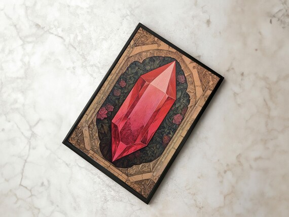 Red Ruby Crystal Painting Art Print Vintage Gemstone Mineral Wall Decor