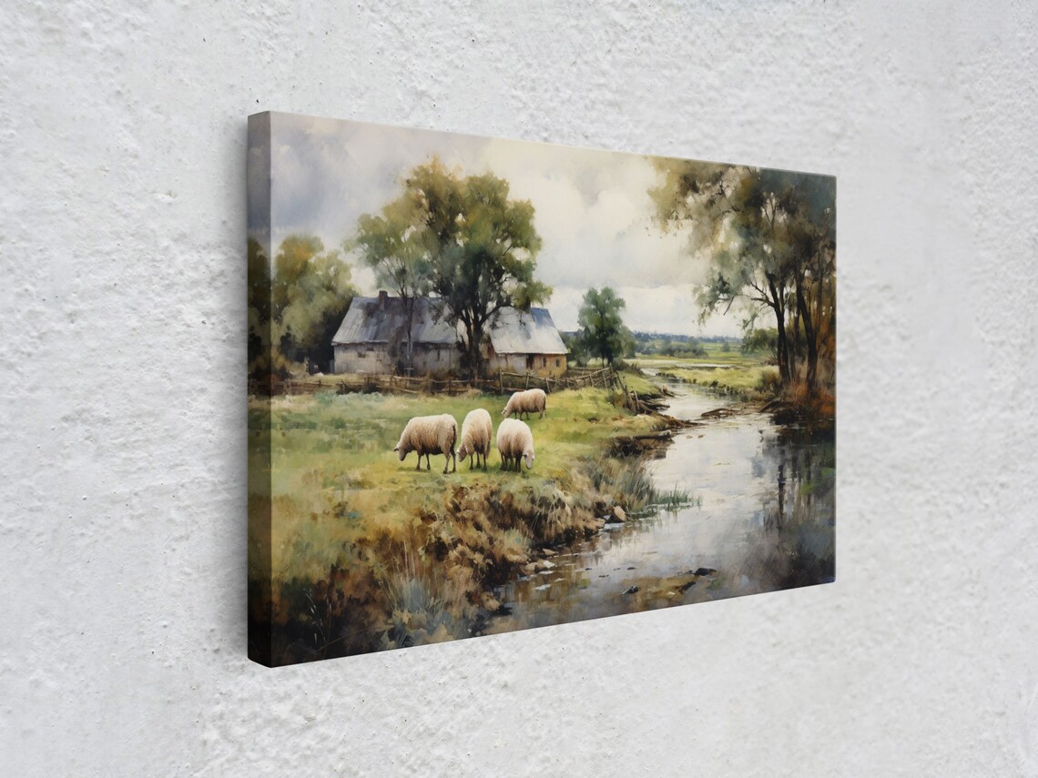 Sheep Grazing By The River Vintage Home Poster - Image 3