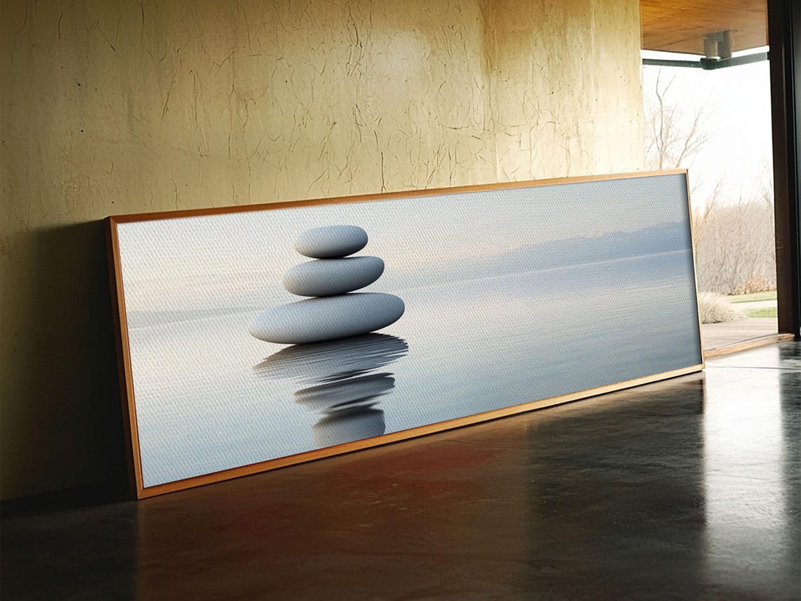 Stacked Stones Balanced Over Water Panoramic Zen Minimalist Art Poster - Image 2