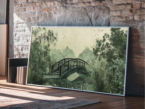 Misty Bridge Framed Print Tranquil Landscape Wall Art Wabi Sabi Home Decor Rustic Cottagecore Art Above Sofa Decor