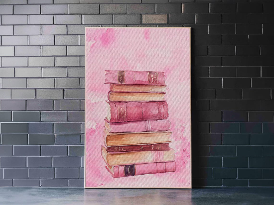 Pink Book Stack Watercolor Cozy Reading Library Room Decor Art Print - Image 4