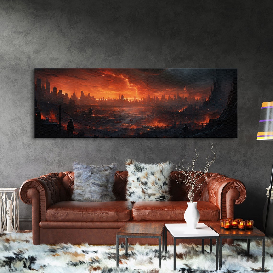 The Burning City Fire Storm Night Skyline Glowing Apocalyptic Print - Image 3
