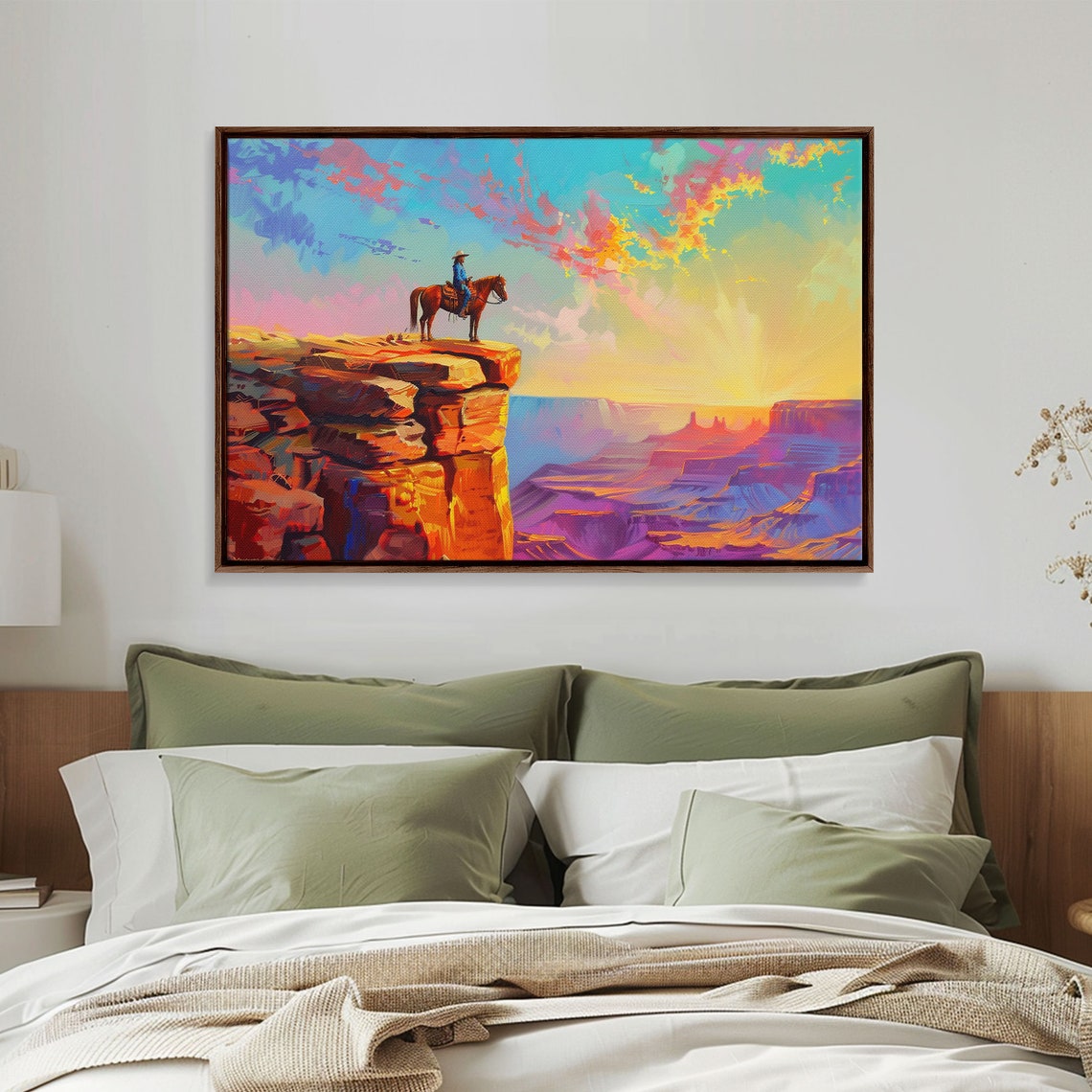 Cowboy Horseback Desert Canyon Sunrise Vibrant Color Art Poster - Image 5