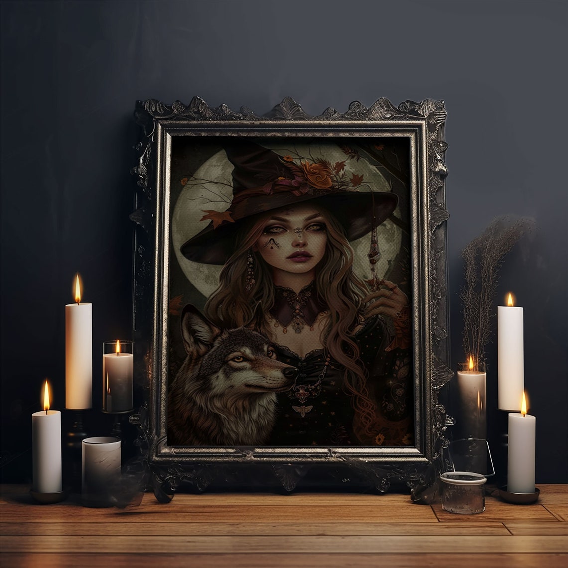 Spooky Witch And Wolf Under Full Moon Night Halloween Art Poster