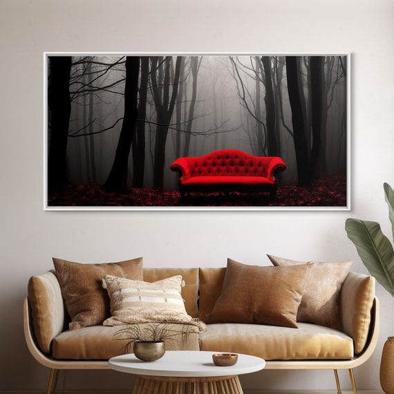 Red Sofa in a Forest, Creepy Halloween Art Print