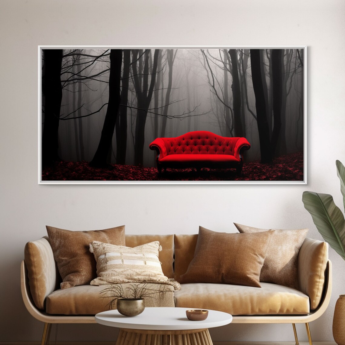 Red Sofa in a Forest, Creepy Halloween Art Print