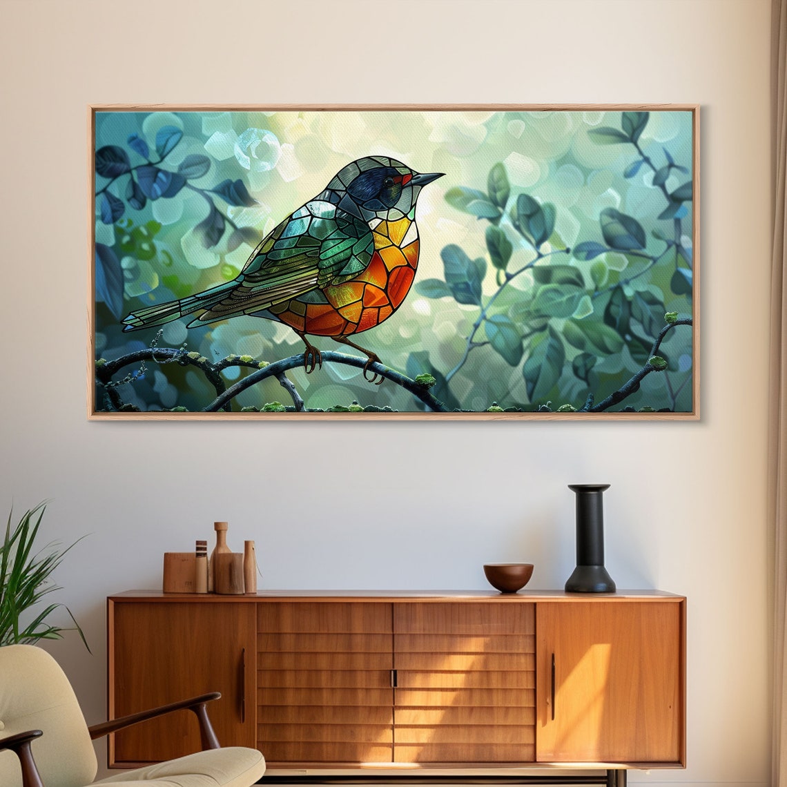 Stained Glass Songbird Teal Orange Perched Branch Spring Art Poster - Image 6