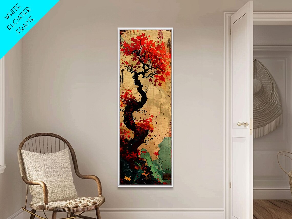 Twisted Autumn Tree Red Maple Leaves Dramatic Tall Art Print