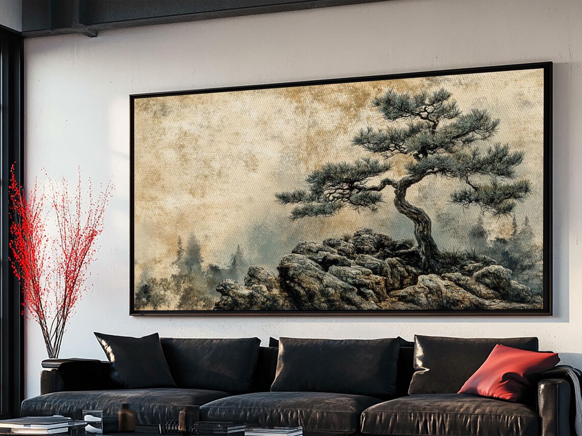 Pine Tree on Rocks, Rustic Zen Landscape Art Print - Image 4