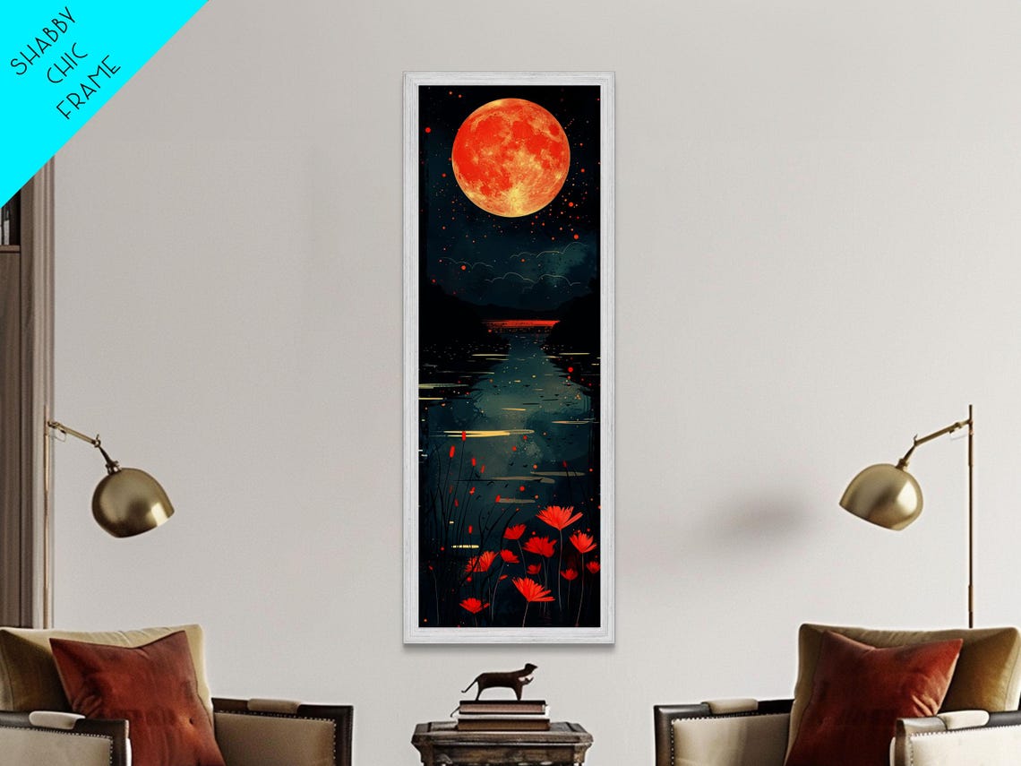 Vibrant Full Moon Over Lake Night Reflection Floral Art Print - Image 6