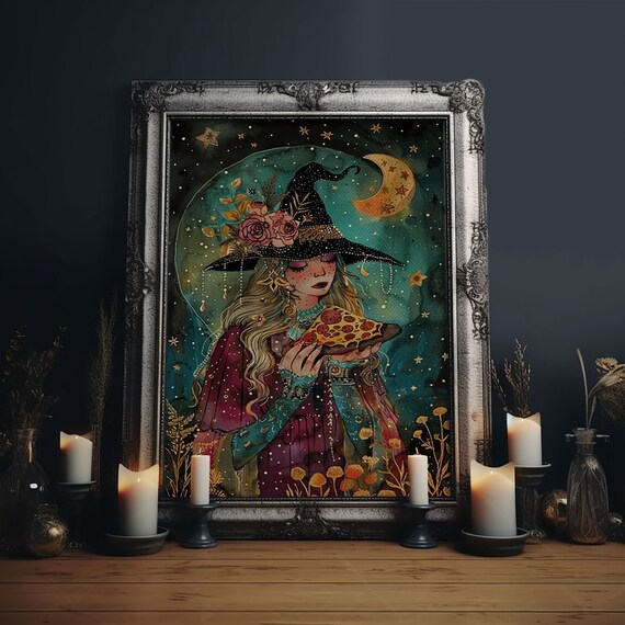 Cute Witch Eating Pizza Moonlit Starry Night Watercolor Art Poster