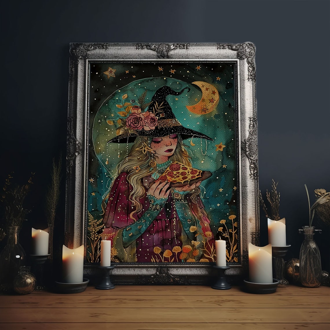 Cute Witch Eating Pizza Moonlit Starry Night Watercolor Art Poster