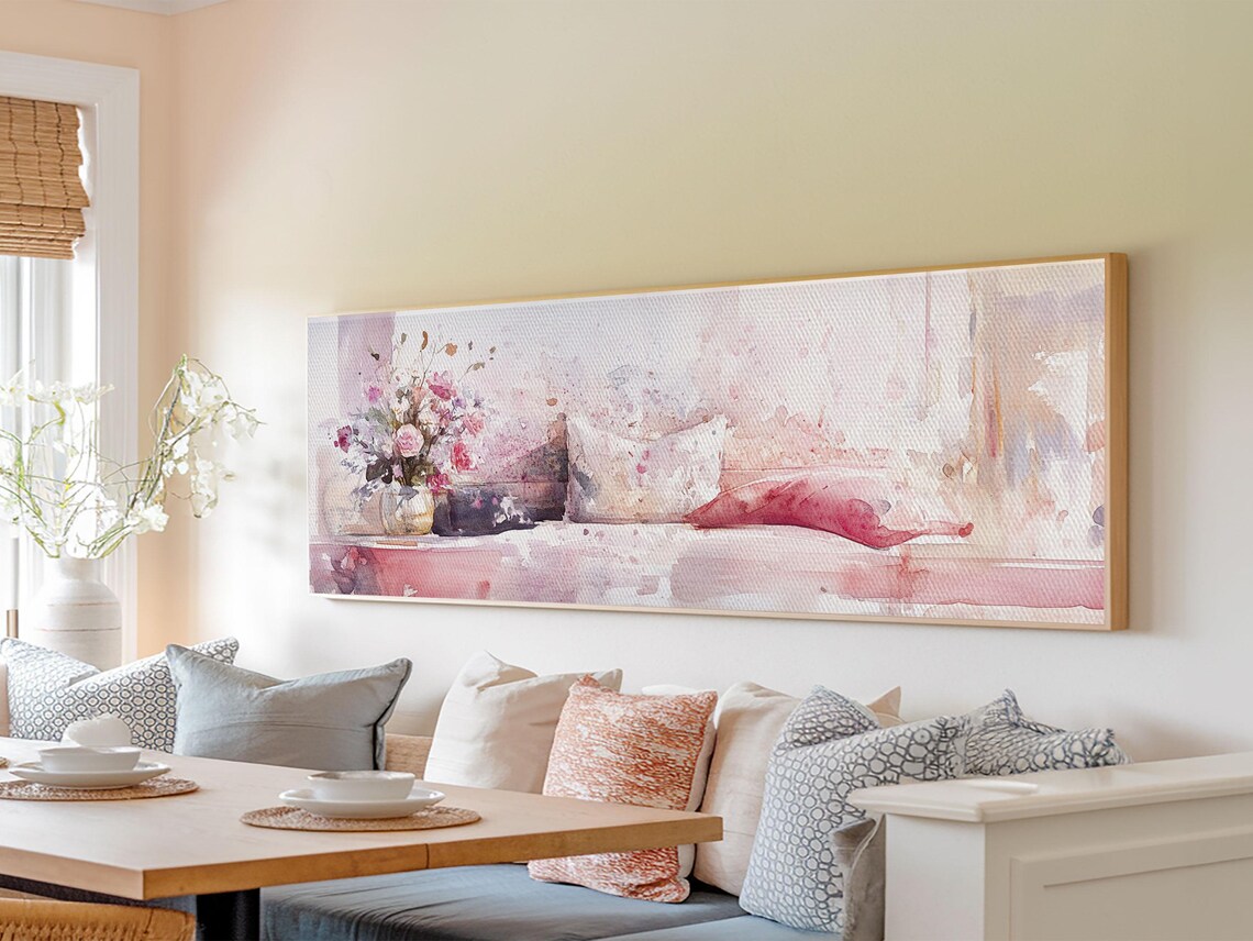 Pink Watercolor Sofa Floral Cushions Vase Horizontal Wall Art Poster