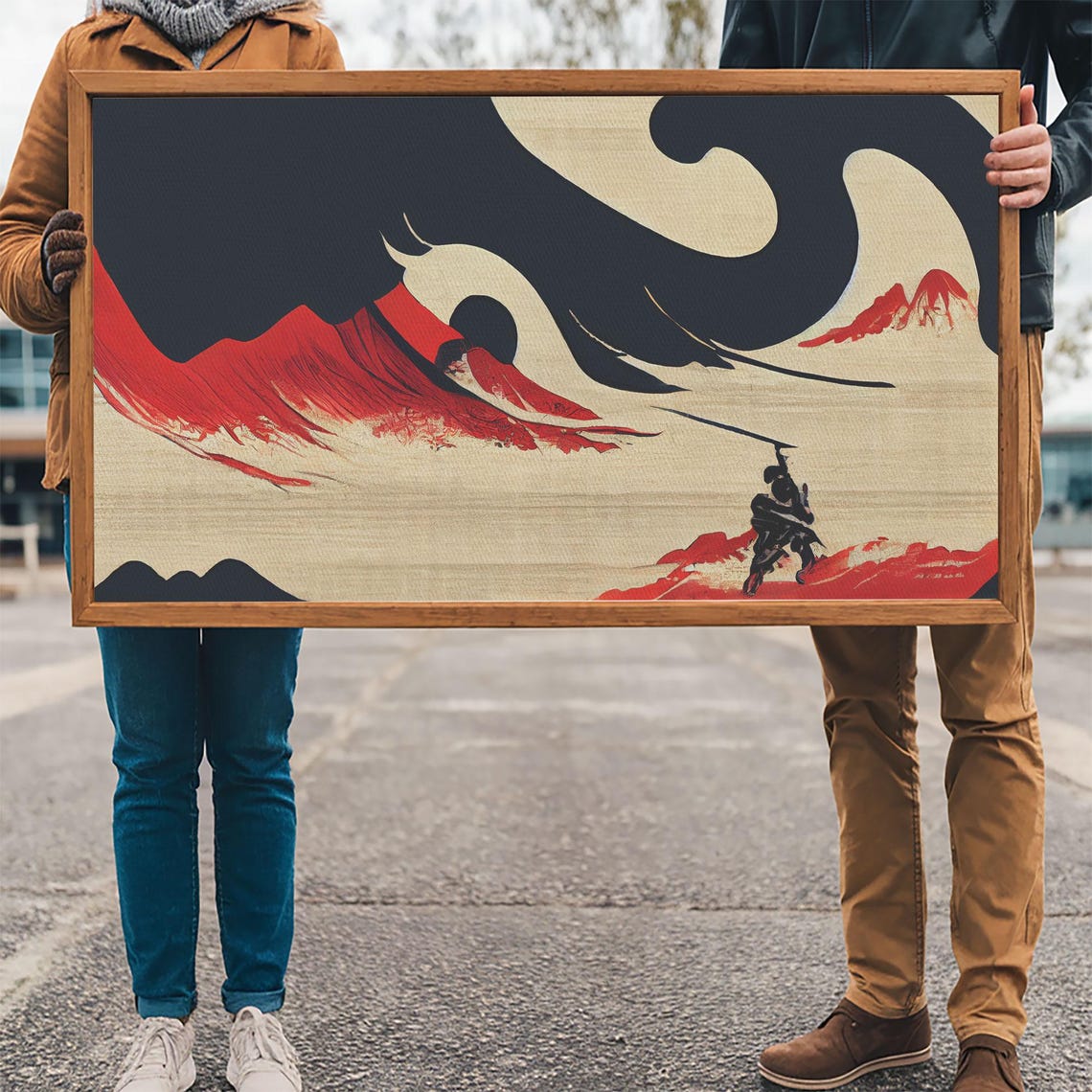 Japanese Samurai Fighting Giant Wave Under Red Sun Style Art Poster - Image 3