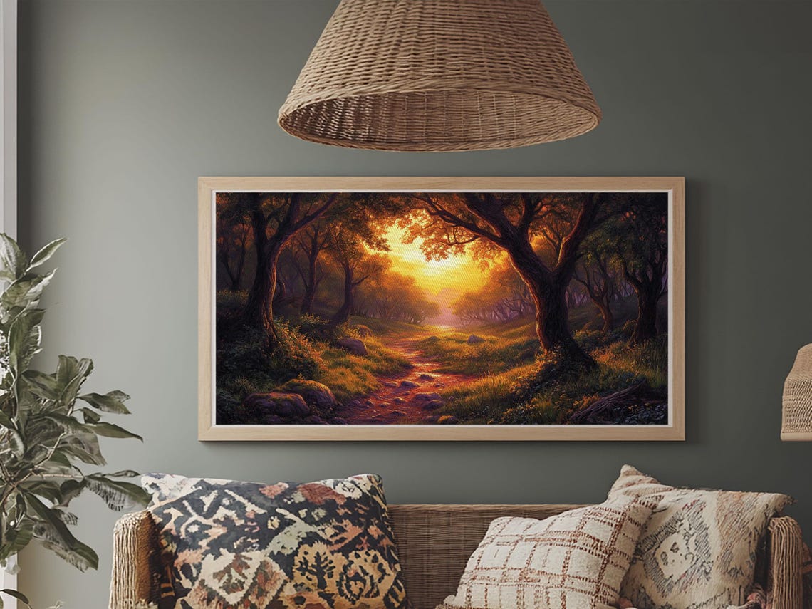 Enchanted Forest Path Golden Sunset Fantasy Landscape Art Poster