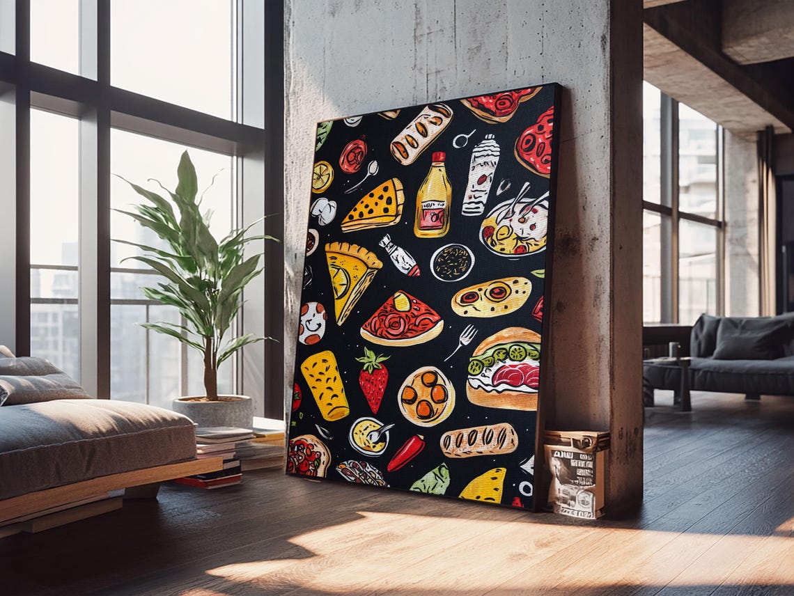 Fun Food Doodle Pattern Pizza Burger Tacos Black Kitchen Poster - Image 6