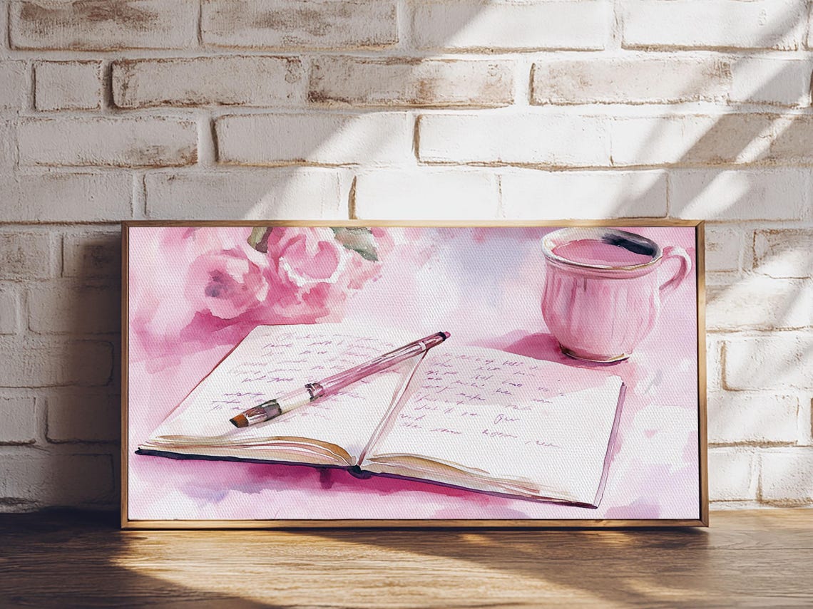 Pink Journal Tea Cup Open Notebook Cozy Writing Desk Wall Poster