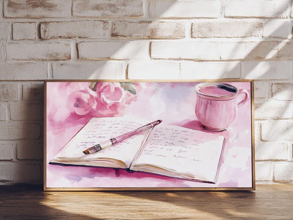 Pink Journal And Mug Framed Print Light Pink Whimsical Art Cottagecore Wall Decor Rustic Art Horizontal Wall Art Gift