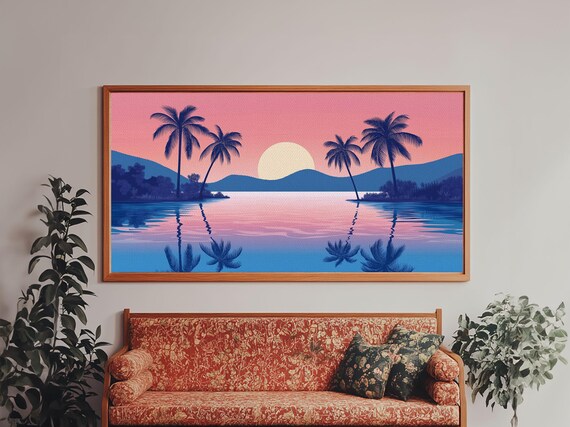 Abstract Vaporwave Sunset Over A Beach Landscape