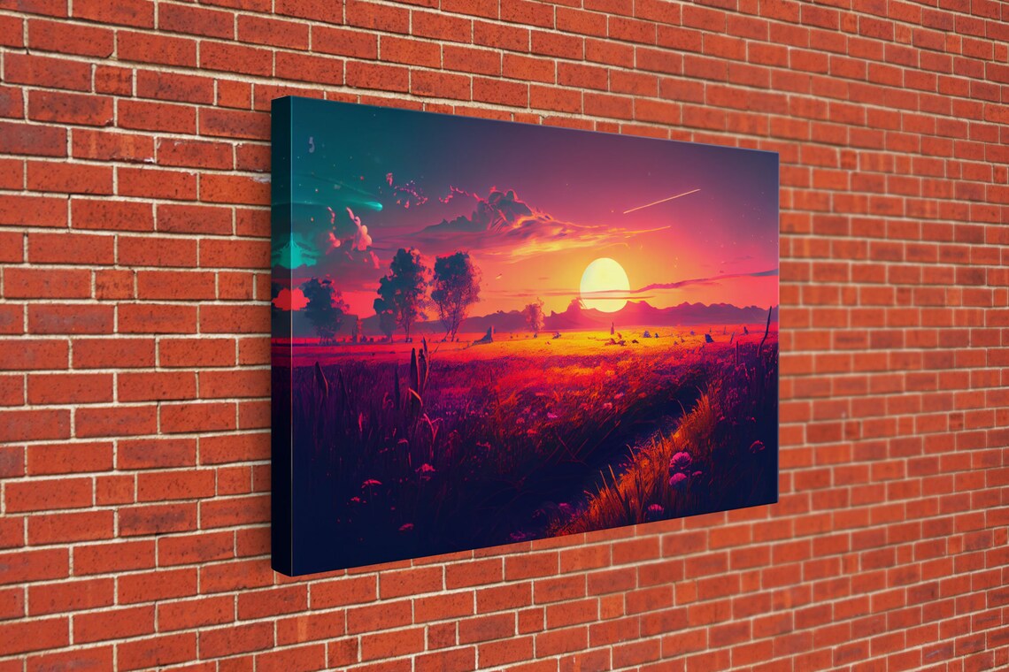 Watercolor Sunset Over Flower Field, Art Print - Image 3