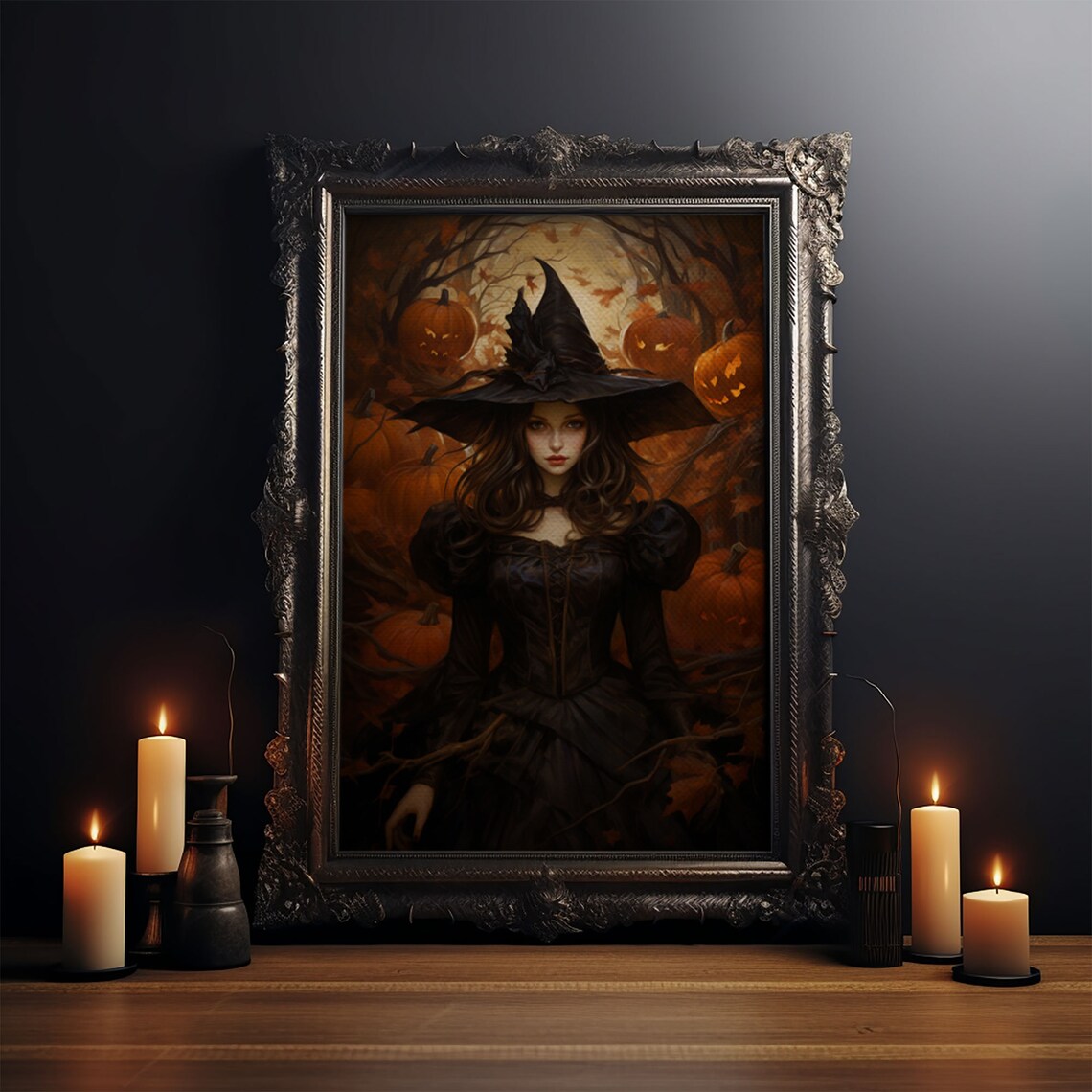 Gothic Witch Halloween Pumpkin Patch Art Print - Image 3