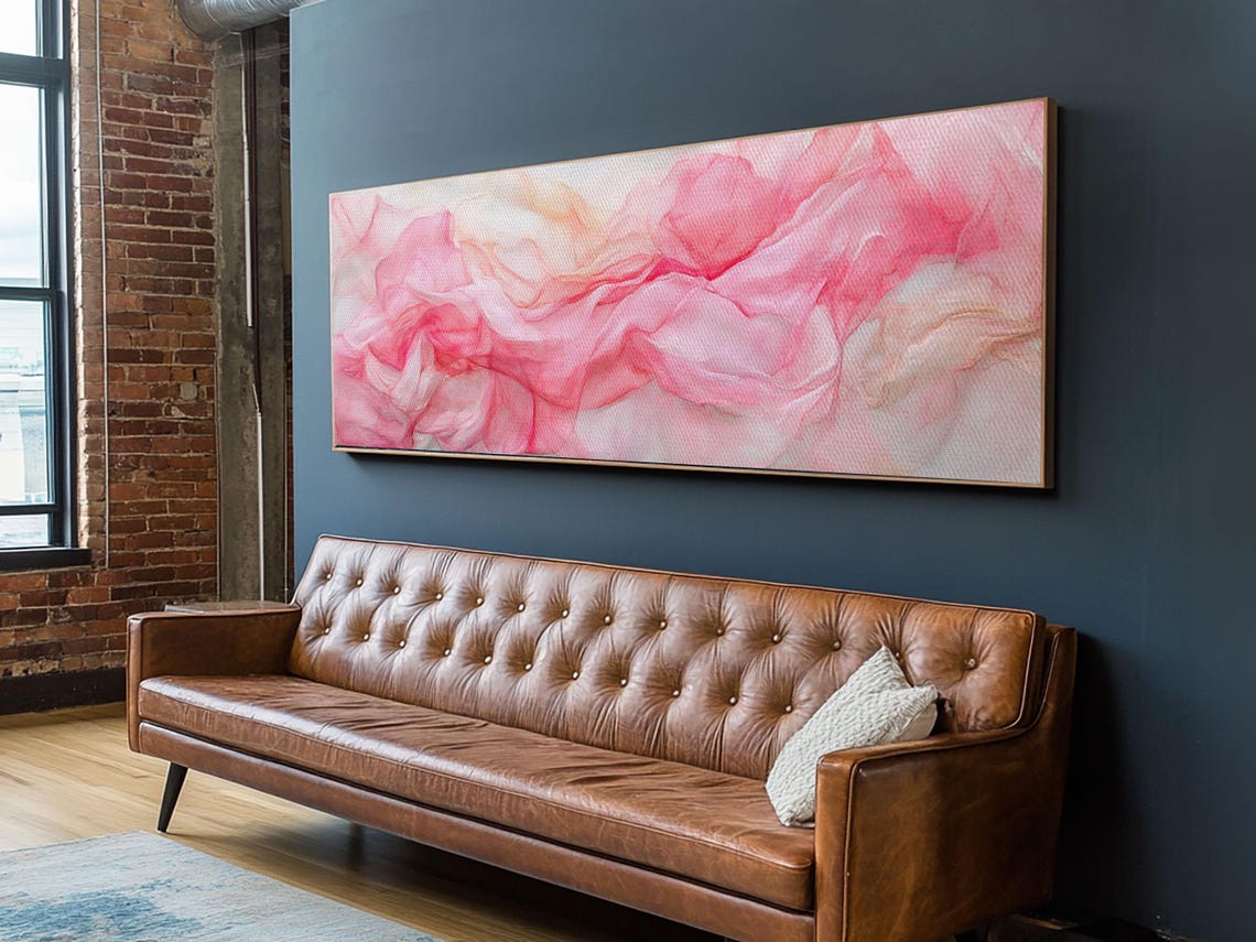 Blush Pink Abstract Silk Waves Watercolor Horizontal Canvas Art Poster - Image 4