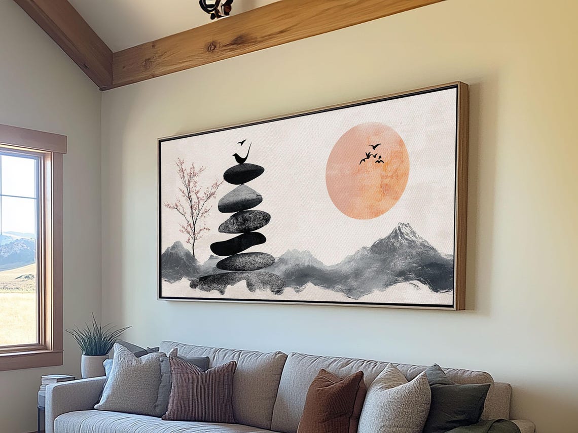 Wabi Sabi Birds On Stone Cairn Japanese Zen Ink Minimalist Poster - Image 6