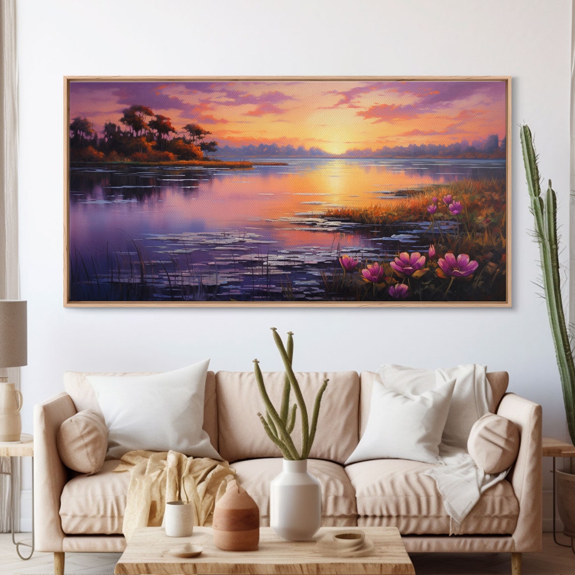 Lake Sunset With Lotus Flowers Purple Orange Reflections Art Poster - Image 3