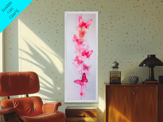 Pink Butterfly Minimalist Art Framed Print Cottagecore Rustic Vertical Wall Art Feminine Aesthetic Bedroom Decor