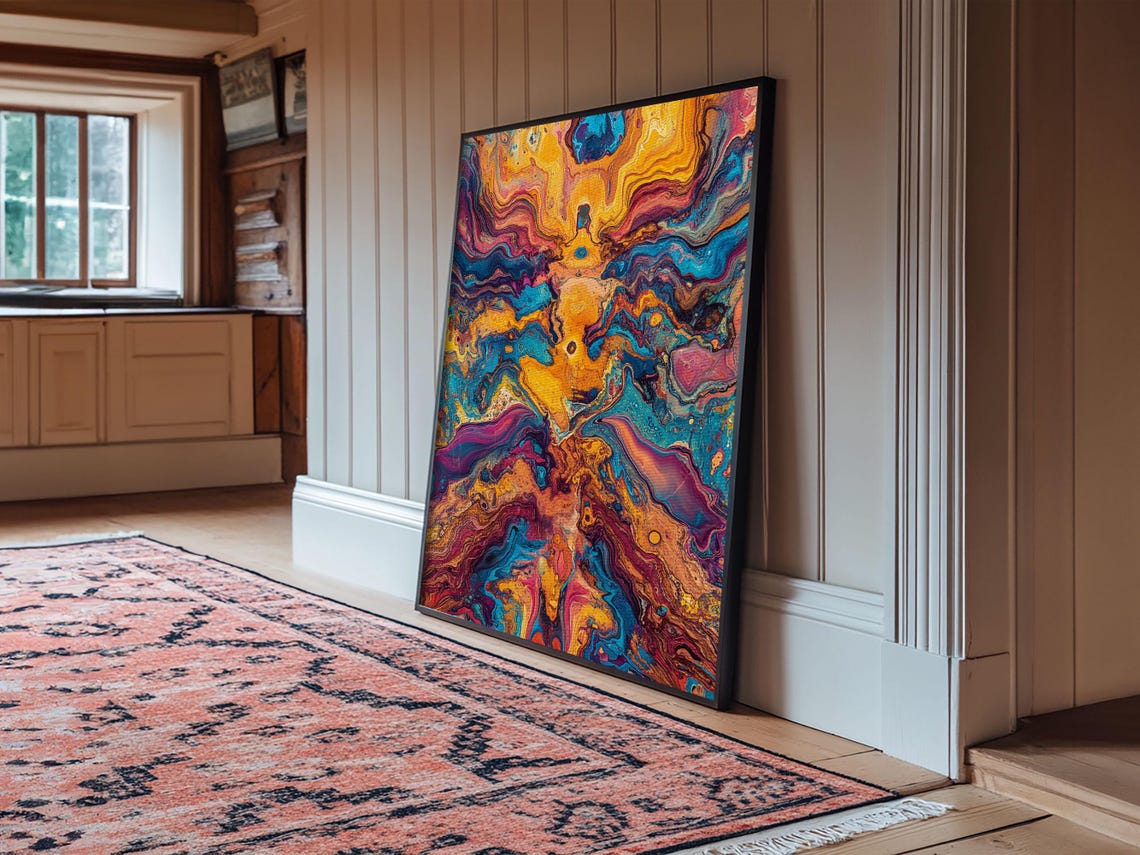 Vibrant Fluid Acrylic Pour Blue Orange Abstract Modern Art Print