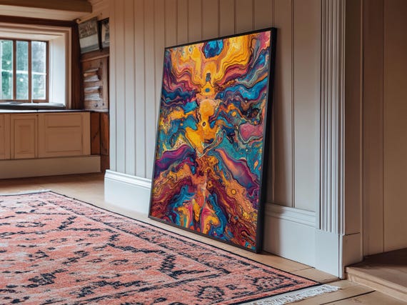 Energetic Fluid Motion Framed Print Abstract Blue Orange Geometric Wall Art Boho Living Room Cottagecore Decor