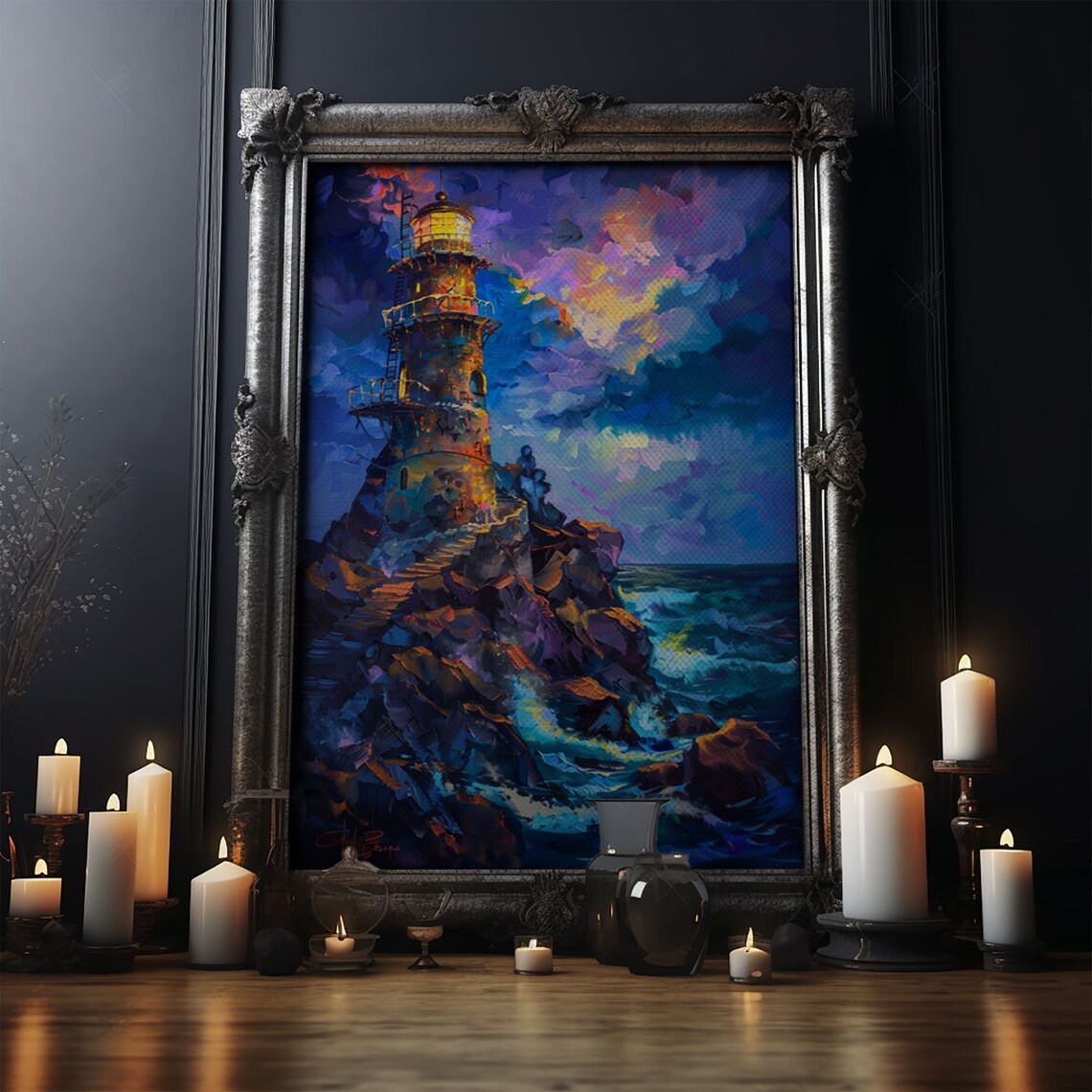 Stormy Lighthouse On Rocky Cliff Vivid Sunset Seascape Art Poster - Image 5