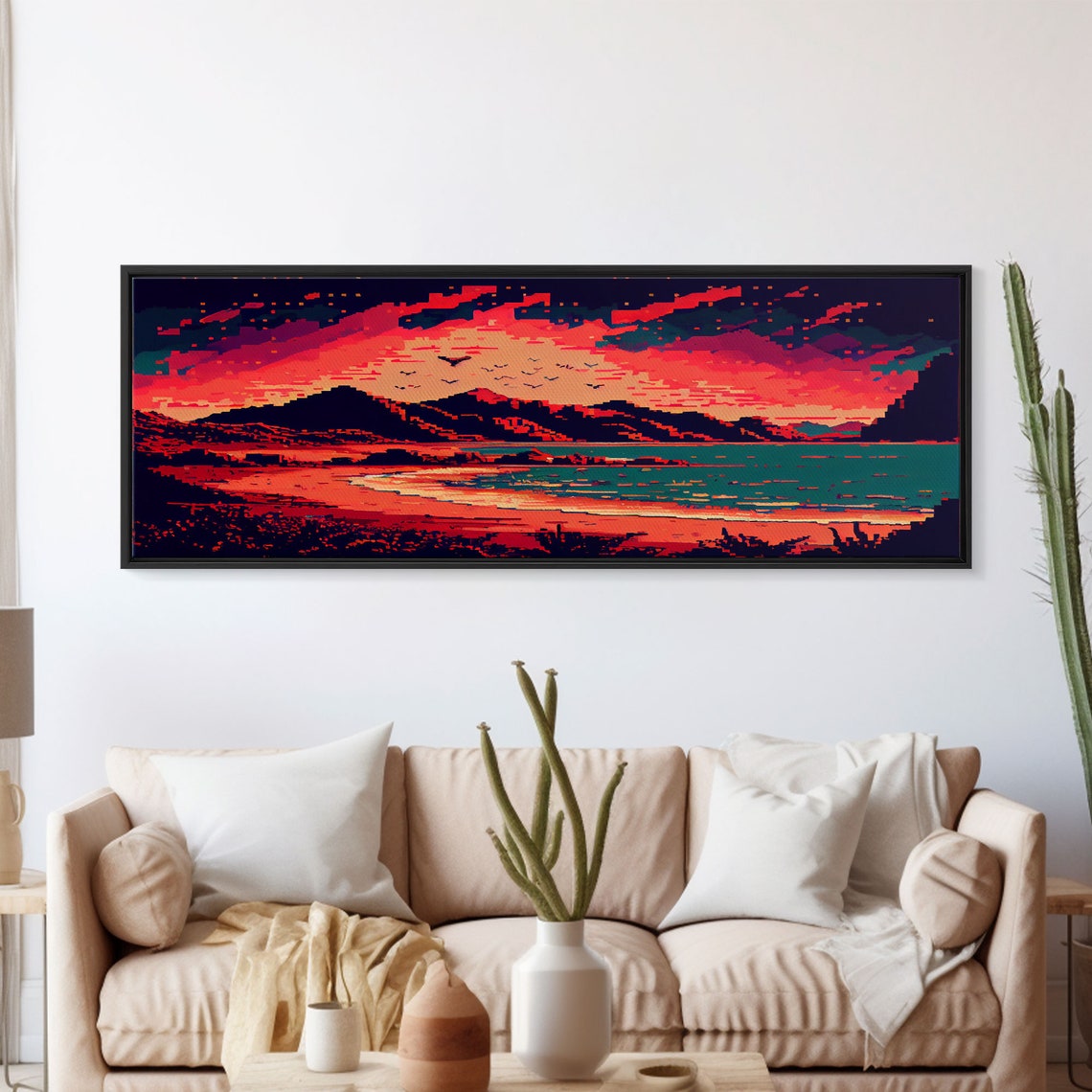 Pixel Art Panoramic Sunset Red Mountains Teal Ocean Retro Game Poster - Image 5