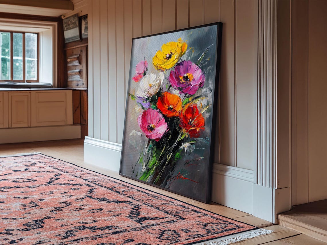 Wild Flower Painting Print On Wood Framed Wall Art Original Art Flowers Painting Floral Print Modern Art Living Room Wall Art
